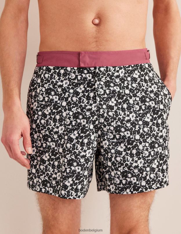 Hommes Boden fleuri noir et écru short de bain taille fixe vêtements Z42D03543