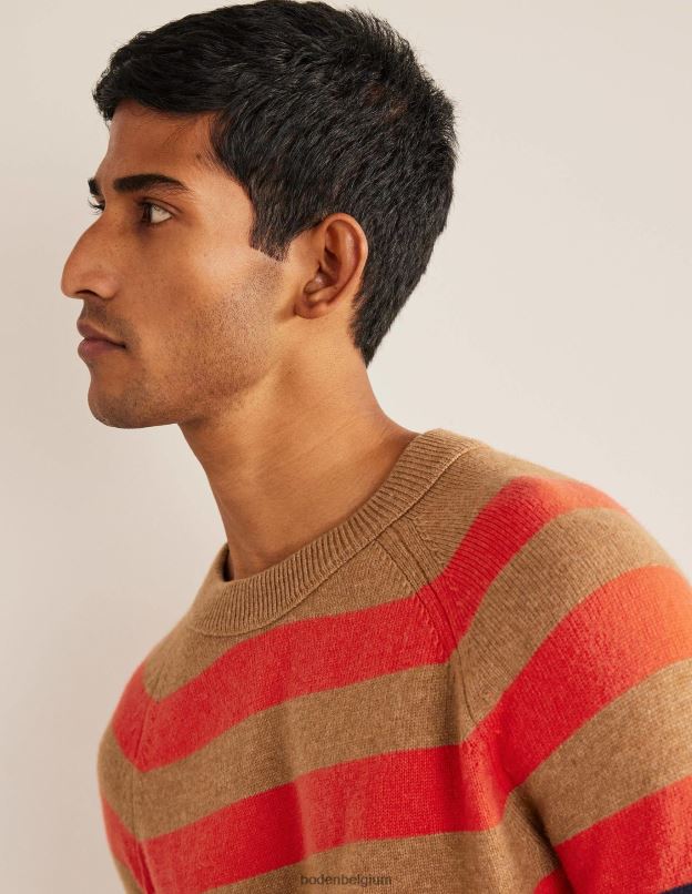 Hommes Boden camel mélangé à rayures multiples pull à col rond raglan vêtements Z42D03589
